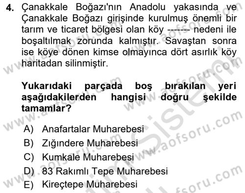 Birinci Dünya Savaşı’nda Türk Cepheleri Dersi 2024 - 2025 Yılı (Vize) Ara Sınav Soruları 4. Soru