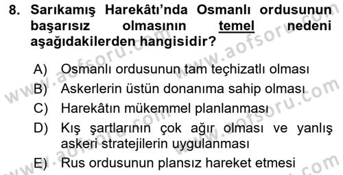 Birinci Dünya Savaşı’nda Türk Cepheleri Dersi 2024 - 2025 Yılı (Vize) Ara Sınav Soruları 8. Soru