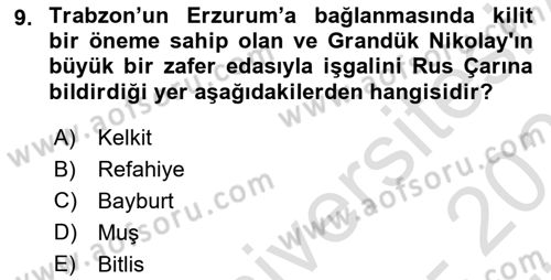 Birinci Dünya Savaşı’nda Türk Cepheleri Dersi 2024 - 2025 Yılı (Vize) Ara Sınav Soruları 9. Soru