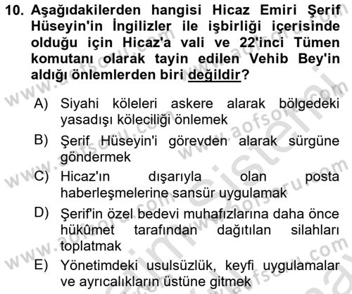 Birinci Dünya Savaşı’nda Türk Cepheleri Dersi 2024 - 2025 Yılı (Final) Dönem Sonu Sınav Soruları 10. Soru