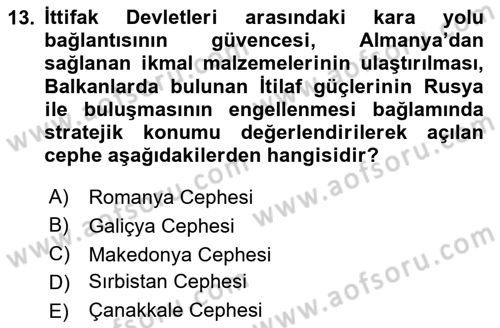 Birinci Dünya Savaşı’nda Türk Cepheleri Dersi 2024 - 2025 Yılı (Final) Dönem Sonu Sınav Soruları 13. Soru