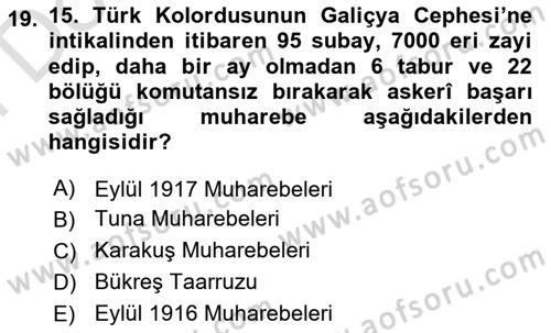 Birinci Dünya Savaşı’nda Türk Cepheleri Dersi 2024 - 2025 Yılı (Final) Dönem Sonu Sınav Soruları 19. Soru