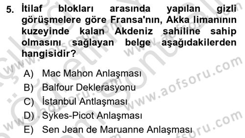 Birinci Dünya Savaşı’nda Türk Cepheleri Dersi 2024 - 2025 Yılı (Final) Dönem Sonu Sınav Soruları 5. Soru