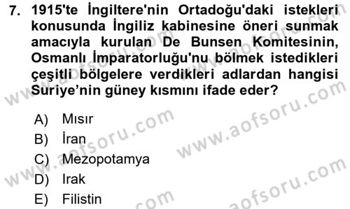 Birinci Dünya Savaşı’nda Türk Cepheleri Dersi 2024 - 2025 Yılı (Final) Dönem Sonu Sınav Soruları 7. Soru
