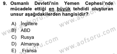 Birinci Dünya Savaşı’nda Türk Cepheleri Dersi 2024 - 2025 Yılı (Final) Dönem Sonu Sınav Soruları 9. Soru