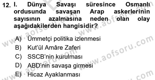 Birinci Dünya Savaşı’nda Türk Cepheleri Dersi 2025 - 2026 Yılı (Final) Dönem Sonu Sınav Soruları 12. Soru