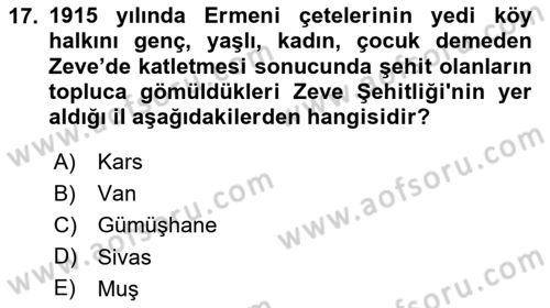 Birinci Dünya Savaşı’nda Türk Cepheleri Dersi 2025 - 2026 Yılı (Final) Dönem Sonu Sınav Soruları 17. Soru