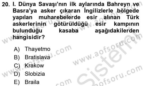 Birinci Dünya Savaşı’nda Türk Cepheleri Dersi 2025 - 2026 Yılı (Final) Dönem Sonu Sınav Soruları 20. Soru