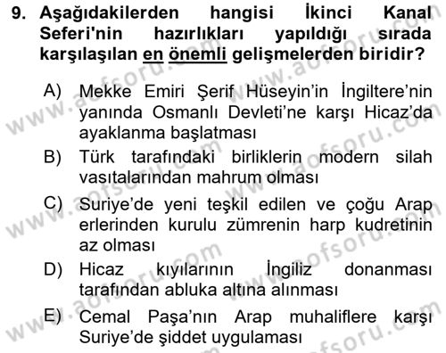 Birinci Dünya Savaşı’nda Türk Cepheleri Dersi 2025 - 2026 Yılı (Final) Dönem Sonu Sınav Soruları 9. Soru