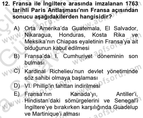 Sömürgecilik Tarihi (Avrupa-Amerika) Dersi Ara Sınavı Deneme Sınav Soruları 12. Soru