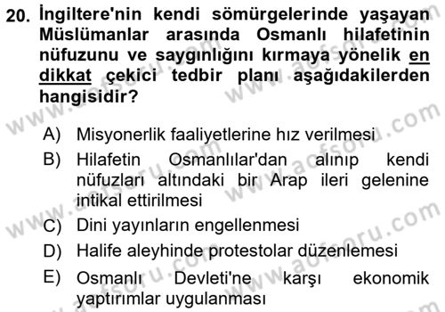 Sömürgecilik Tarihi (Avrupa-Amerika) Dersi Ara Sınavı Deneme Sınav Soruları 20. Soru