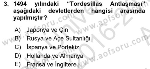 Sömürgecilik Tarihi (Avrupa-Amerika) Dersi Ara Sınavı Deneme Sınav Soruları 3. Soru