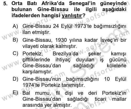 Sömürgecilik Tarihi (Avrupa-Amerika) Dersi Ara Sınavı Deneme Sınav Soruları 5. Soru
