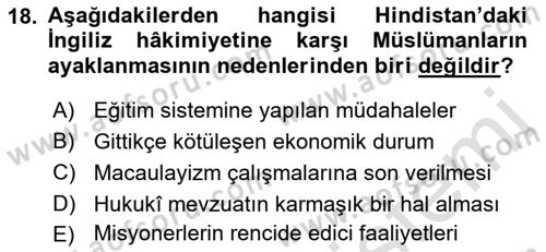 Sömürgecilik Tarihi (Avrupa-Amerika) Dersi Ara Sınavı Deneme Sınav Soruları 18. Soru
