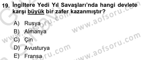 Sömürgecilik Tarihi (Avrupa-Amerika) Dersi Ara Sınavı Deneme Sınav Soruları 19. Soru