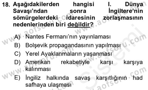 Sömürgecilik Tarihi (Avrupa-Amerika) Dersi 2017 - 2018 Yılı (Final) Dönem Sonu Sınav Soruları 18. Soru