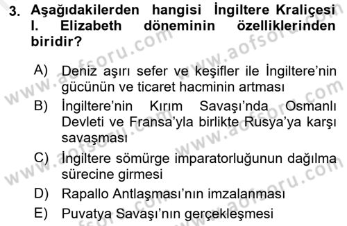 Sömürgecilik Tarihi (Avrupa-Amerika) Dersi 2017 - 2018 Yılı (Final) Dönem Sonu Sınav Soruları 3. Soru