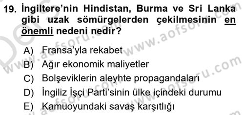 Sömürgecilik Tarihi (Avrupa-Amerika) Dersi 2018 - 2019 Yılı 3 Ders Sınav Soruları 19. Soru
