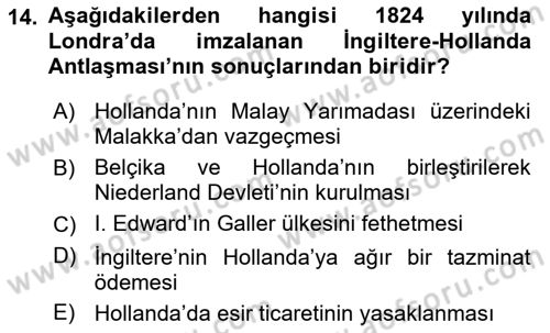 Sömürgecilik Tarihi (Avrupa-Amerika) Dersi Ara Sınavı Deneme Sınav Soruları 14. Soru
