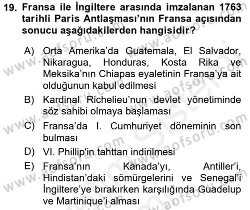 Sömürgecilik Tarihi (Avrupa-Amerika) Dersi Ara Sınavı Deneme Sınav Soruları 19. Soru
