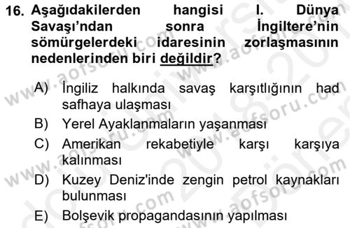 Sömürgecilik Tarihi (Avrupa-Amerika) Dersi 2018 - 2019 Yılı (Final) Dönem Sonu Sınav Soruları 16. Soru