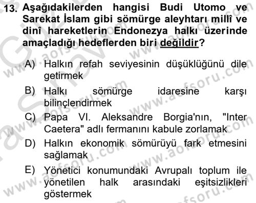 Sömürgecilik Tarihi (Avrupa-Amerika) Dersi Ara Sınavı Deneme Sınav Soruları 13. Soru