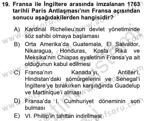Sömürgecilik Tarihi (Avrupa-Amerika) Dersi 2019 - 2020 Yılı (Vize) Ara Sınav Soruları 19. Soru
