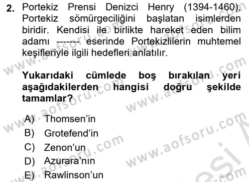 Sömürgecilik Tarihi (Avrupa-Amerika) Dersi Ara Sınavı Deneme Sınav Soruları 2. Soru