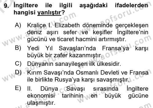 Sömürgecilik Tarihi (Avrupa-Amerika) Dersi 2019 - 2020 Yılı (Final) Dönem Sonu Sınav Soruları 9. Soru