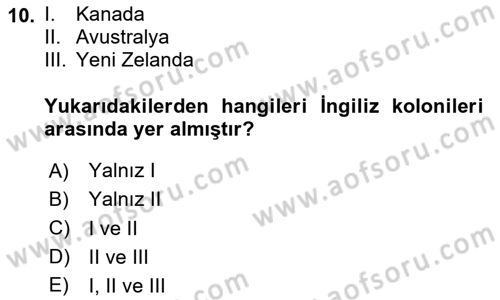 Sömürgecilik Tarihi (Avrupa-Amerika) Dersi 2020 - 2021 Yılı Yaz Okulu Sınav Soruları 10. Soru