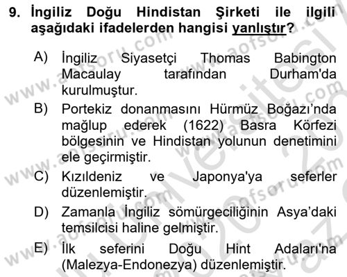 Sömürgecilik Tarihi (Avrupa-Amerika) Dersi 2020 - 2021 Yılı Yaz Okulu Sınav Soruları 9. Soru
