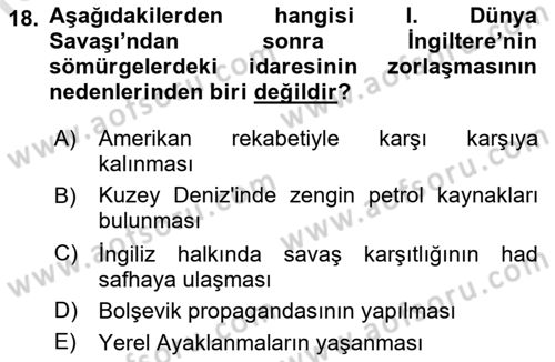 Sömürgecilik Tarihi (Avrupa-Amerika) Dersi 2021 - 2022 Yılı (Final) Dönem Sonu Sınav Soruları 18. Soru