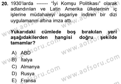 Sömürgecilik Tarihi (Avrupa-Amerika) Dersi 2021 - 2022 Yılı (Final) Dönem Sonu Sınav Soruları 20. Soru