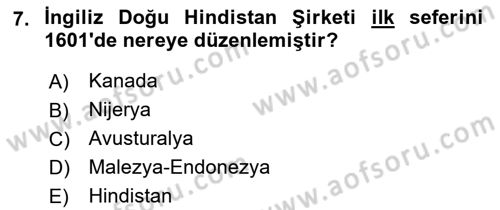 Sömürgecilik Tarihi (Avrupa-Amerika) Dersi 2021 - 2022 Yılı (Final) Dönem Sonu Sınav Soruları 7. Soru