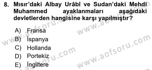 Sömürgecilik Tarihi (Avrupa-Amerika) Dersi 2021 - 2022 Yılı (Final) Dönem Sonu Sınav Soruları 8. Soru