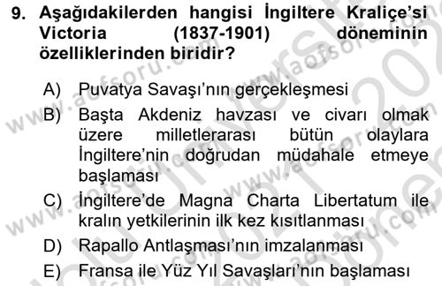 Sömürgecilik Tarihi (Avrupa-Amerika) Dersi 2021 - 2022 Yılı (Final) Dönem Sonu Sınav Soruları 9. Soru