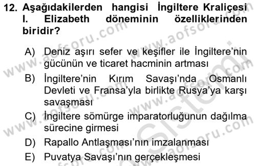 Sömürgecilik Tarihi (Avrupa-Amerika) Dersi 2021 - 2022 Yılı Yaz Okulu Sınav Soruları 12. Soru