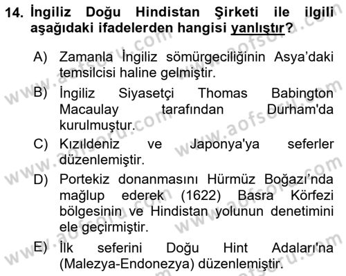 Sömürgecilik Tarihi (Avrupa-Amerika) Dersi 2021 - 2022 Yılı Yaz Okulu Sınav Soruları 14. Soru