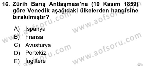 Sömürgecilik Tarihi (Avrupa-Amerika) Dersi 2021 - 2022 Yılı Yaz Okulu Sınav Soruları 16. Soru