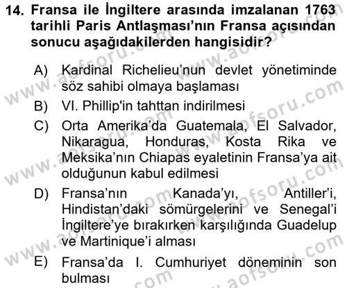 Sömürgecilik Tarihi (Avrupa-Amerika) Dersi 2022 - 2023 Yılı (Vize) Ara Sınav Soruları 14. Soru