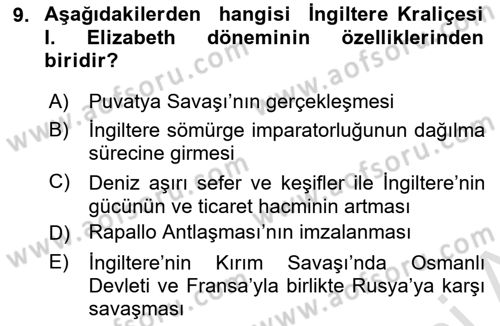 Sömürgecilik Tarihi (Avrupa-Amerika) Dersi 2022 - 2023 Yılı (Final) Dönem Sonu Sınav Soruları 9. Soru