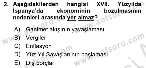 Sömürgecilik Tarihi (Avrupa-Amerika) Dersi Ara Sınavı Deneme Sınav Soruları 2. Soru