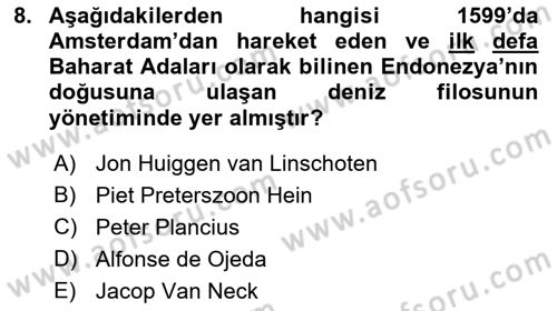 Sömürgecilik Tarihi (Avrupa-Amerika) Dersi 2023 - 2024 Yılı (Vize) Ara Sınav Soruları 8. Soru