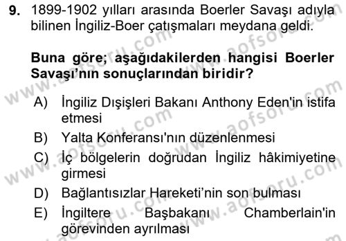 Sömürgecilik Tarihi (Avrupa-Amerika) Dersi Ara Sınavı Deneme Sınav Soruları 9. Soru