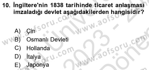 Sömürgecilik Tarihi (Avrupa-Amerika) Dersi 2023 - 2024 Yılı (Final) Dönem Sonu Sınav Soruları 10. Soru