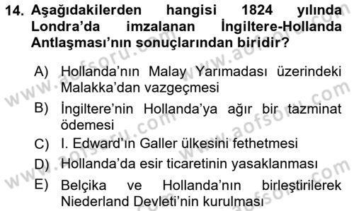 Sömürgecilik Tarihi (Avrupa-Amerika) Dersi Ara Sınavı Deneme Sınav Soruları 14. Soru