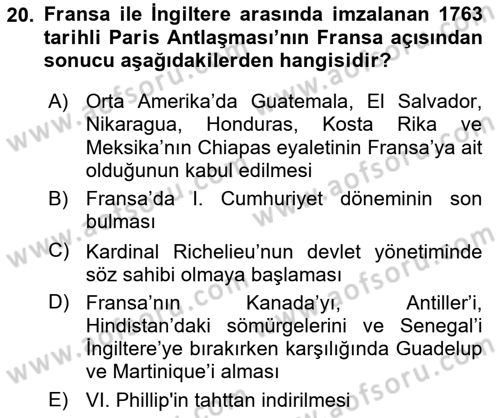 Sömürgecilik Tarihi (Avrupa-Amerika) Dersi Ara Sınavı Deneme Sınav Soruları 20. Soru