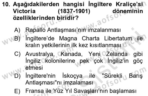 Sömürgecilik Tarihi (Avrupa-Amerika) Dersi 2024 - 2025 Yılı (Final) Dönem Sonu Sınav Soruları 10. Soru