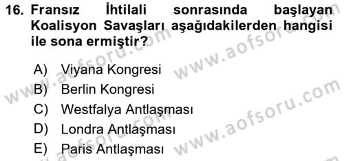 Sömürgecilik Tarihi (Avrupa-Amerika) Dersi 2024 - 2025 Yılı (Final) Dönem Sonu Sınav Soruları 16. Soru