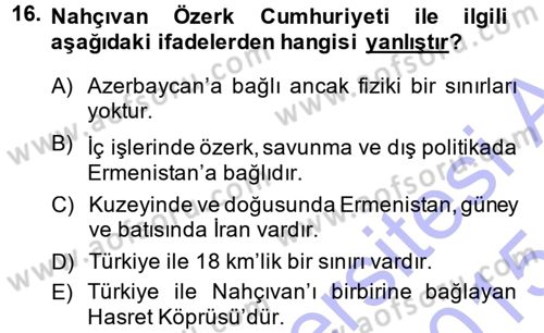 Çağdaş Türk Dünyası Dersi Ara Sınavı Deneme Sınav Soruları 16. Soru